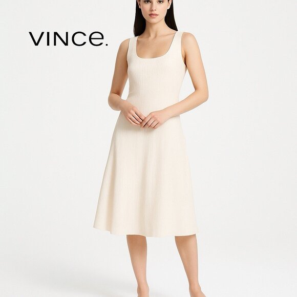 VINCE Tank Dress Rib Sz M Sweetheart Neck A-Line Midi Pink Blush Stretch Preppy - Picture 1 of 15